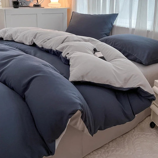 4-Piece Reversible Solid Color Bedding Set – Soft Brushed Fabric Duvet Cover, Pillowcases & Bed Sheet – Single, Queen, King Sizes